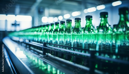 Glass bottles on a conveyor system in a modern industrial factory, Generative AI