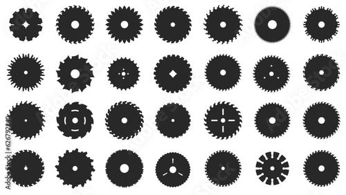 Circular saw blade silhouette. Black round saw cutting wood elements, rotary blades carpentry professional equipment for woodworking. Vector isolated set