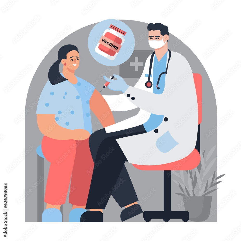 Young smiling woman getting vaccinated in hospital. Vaccination of adult patients. Vaccination and virus protection concept. Flat vector illustration in blue and red colors