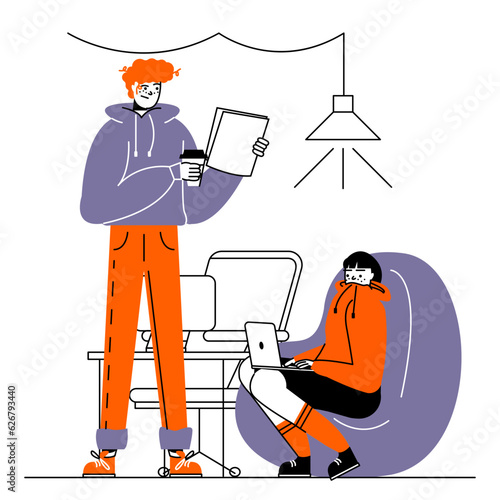 Man and lady working in coworking space and talking. Working on laptop. Creative people doing job online. Vector illustration in flat design in orange and purple colors photo