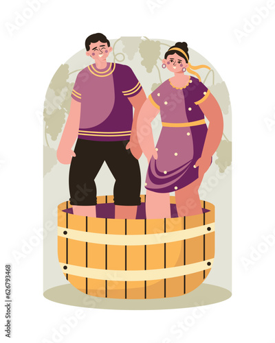 Man and woman crushing berries with feet in basket. Cartoon characters making wine. Wine production industry. Flat vector illustration in yellow and purple colors