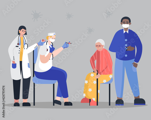 Old female sitting near nurse and waiting for vaccination. Protection against diseases and viruses for old patients. Time to get vaccinated against diseases. Stop Covid-19 concept. Flat vector