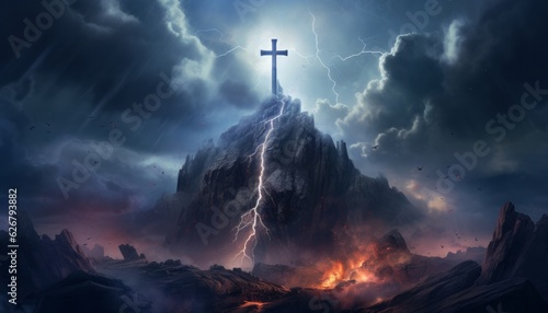 Majestic Mountain Top with Lightning Cloud and Cross, Generative AI