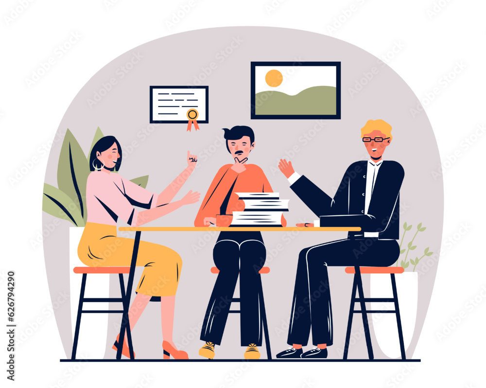 Happy team sitting at table and talking, planning together. Modern live communication. Friendship in different life situation concept. Flat vector illustration in cartoon style