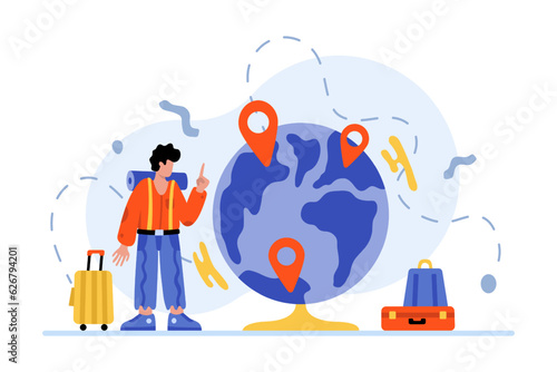 Man with trolley bag standing near planet and ready for travel. Traveler searching for locations. Finding route while traveling. Time for discovering new places. Flat vector illustration
