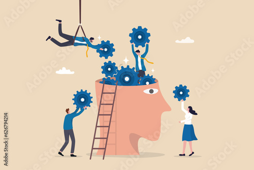 Brainstorm for business solution, teamwork or mindset to success, wisdom, creativity or working process for new idea, AI and innovation concept, business people help connect cogwheels on human brain.