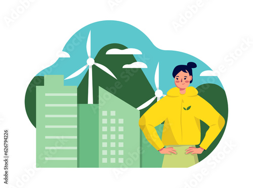 Happy woman standing near city with wind turbines. Engineer standing at location for obtaining green energy. Eco energy concept. Flat vector illustration in green and yellow colors