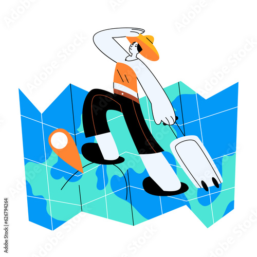 Lady holding trolley bag and walking on big map. Travel and tourism concept. Summer vacation trip. Travel agency tour. Concept of active recreation. Flat vector illustration in cartoon style