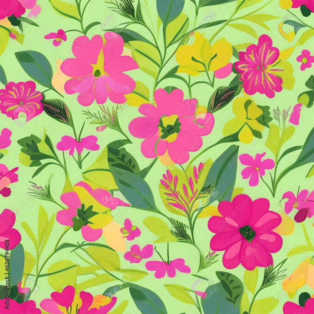 Green, yellow and pink watercolor flowers with stems and leaves. Watercolor art background.