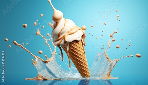 Colorful Splashing Ice Cream Cone 3D Illustration Background with Vibrant Flavors, Delicious Toppings, and Copy Space, Generative AI
