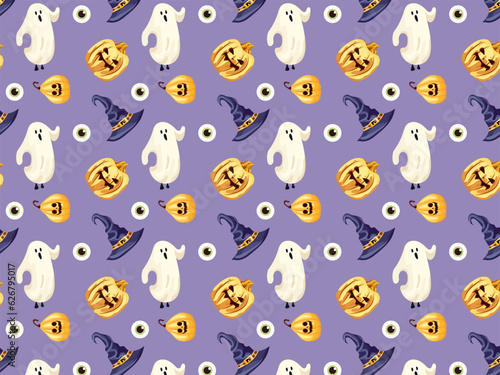 Pattern on the theme of Halloween. Halloween holiday. Souls  ghosts  pumpkins with faces  a witch s hat. Cute cartoon print  background. Flat style. Lavender background. Nice palette. Seamless patter