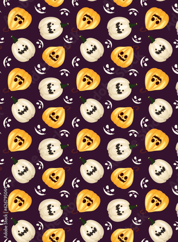 Pattern on the theme of Halloween. Halloween holiday. Pumpkins with faces. Cute cartoon print, background. Flat style. Dark background. Seamless pattern, vector. vertical background