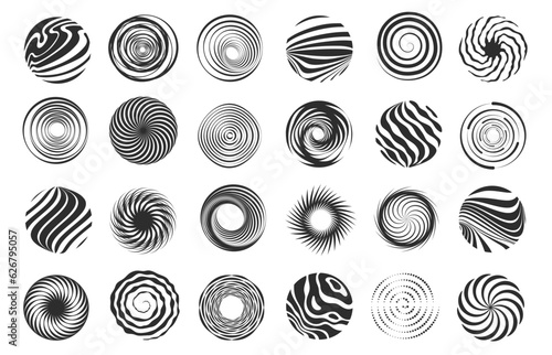 Swirl figure. Spiral abstract movement and hypnotic vortex, whirl and vortex dynamic icon design. Vector tornado spiral icons set