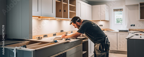 Worker or carpenter installing new modern kitchen. photo