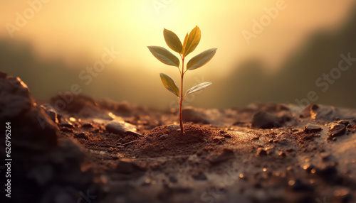 Tree Sprouting in Dirt at Sunset HD - Nature's Majestic Transformation, Generative AI