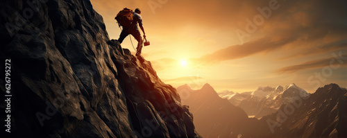 Climber on a rock in sunset light, panorama photo