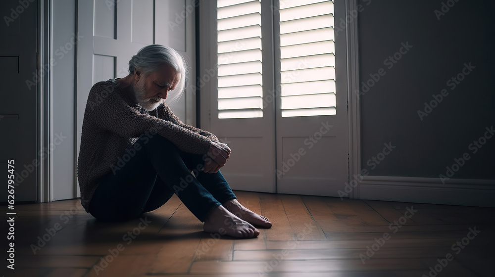 Depressed senior man sitting on floor at home. Copy space Depressed senior man sitting on floor at home. Copy space