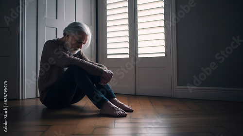 Depressed senior man sitting on floor at home. Copy space