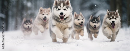 Husky dogs puppies running through the snow in winter path.