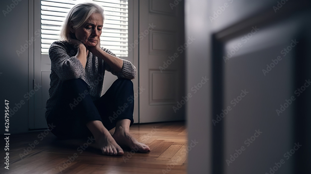 Depressed senior woman sitting on floor at home. Copy space Depressed senior woman sitting on floor at home. Copy space