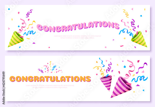 Congratulations banner greeting card festive colorful flat. Postcard celebration letter party popper success poster confetti party holiday decoration surprise colorful background winner isolated