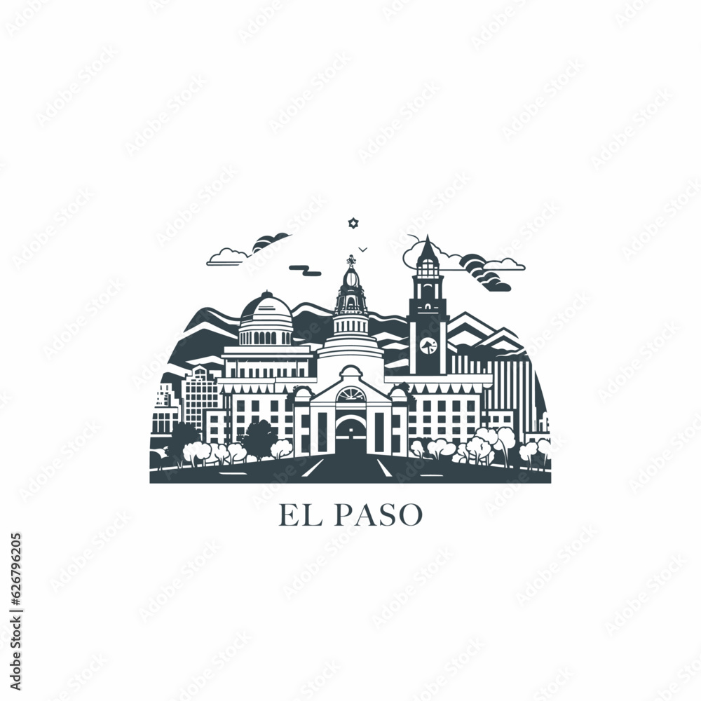 USA United States of America El Paso city logo with abstract shapes of landmarks. Vector skyline sights silhouette Texas state emblem