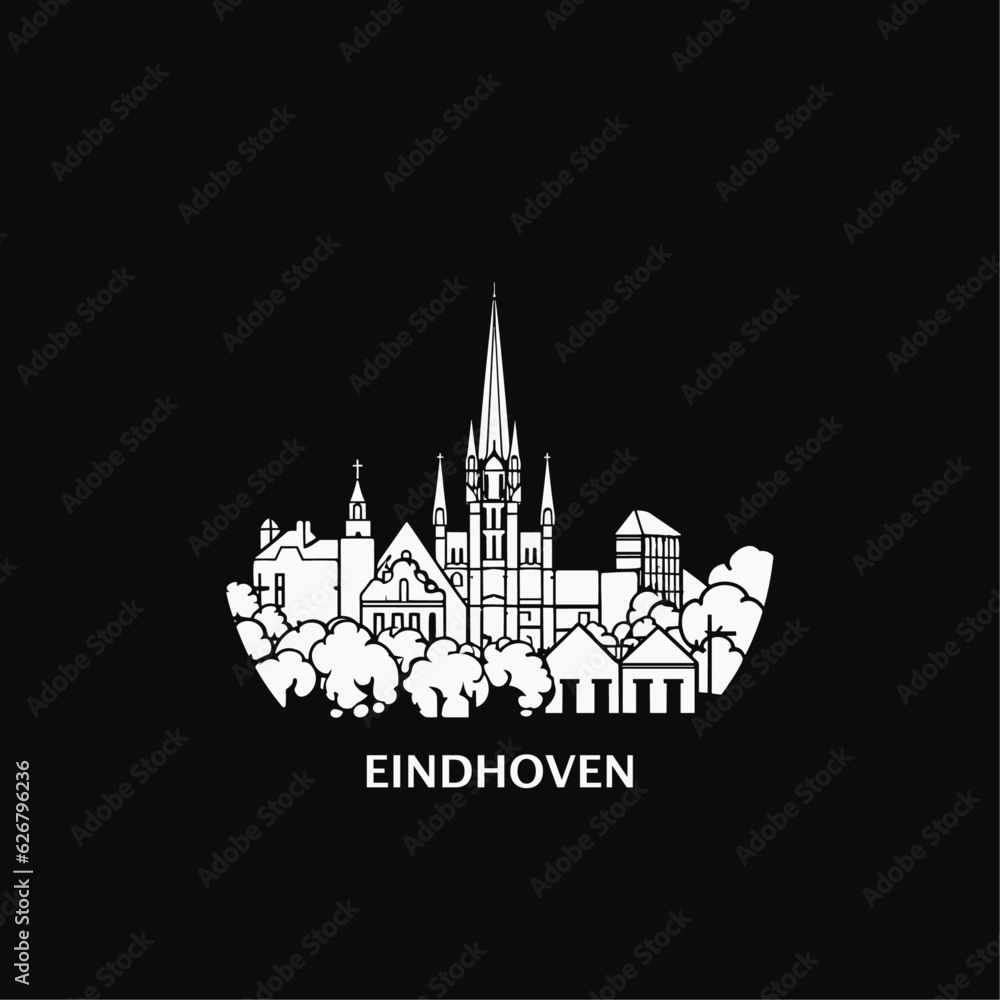 Netherlands Eindhoven modern city landscape skyline night logo. Panorama vector flat shape abstract North Brabant icon with landmarks