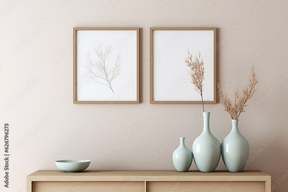 Interior of modern living room with two vertical posters on the wall, two vases with dried flowers in a vase, 3d render Interior of modern living room with two vertical posters on the wall, two vases with dried flowers in a vase, 3d render