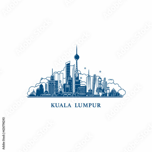 Malaysia Kuala Lumpur modern city thin line landscape skyline logo. Panorama vector flat shape abstract Asia region round icon with famous landmarks