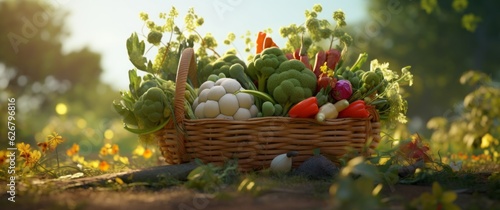 Bountiful Harvest: Basket Overflowing with Fresh Vegetables in a Lush Field, Generative AI