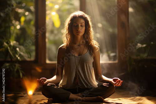 Yoga Meditation Concept, Serene young woman peacefully meditating while sitting on a beautiful morning. Self care and relaxation