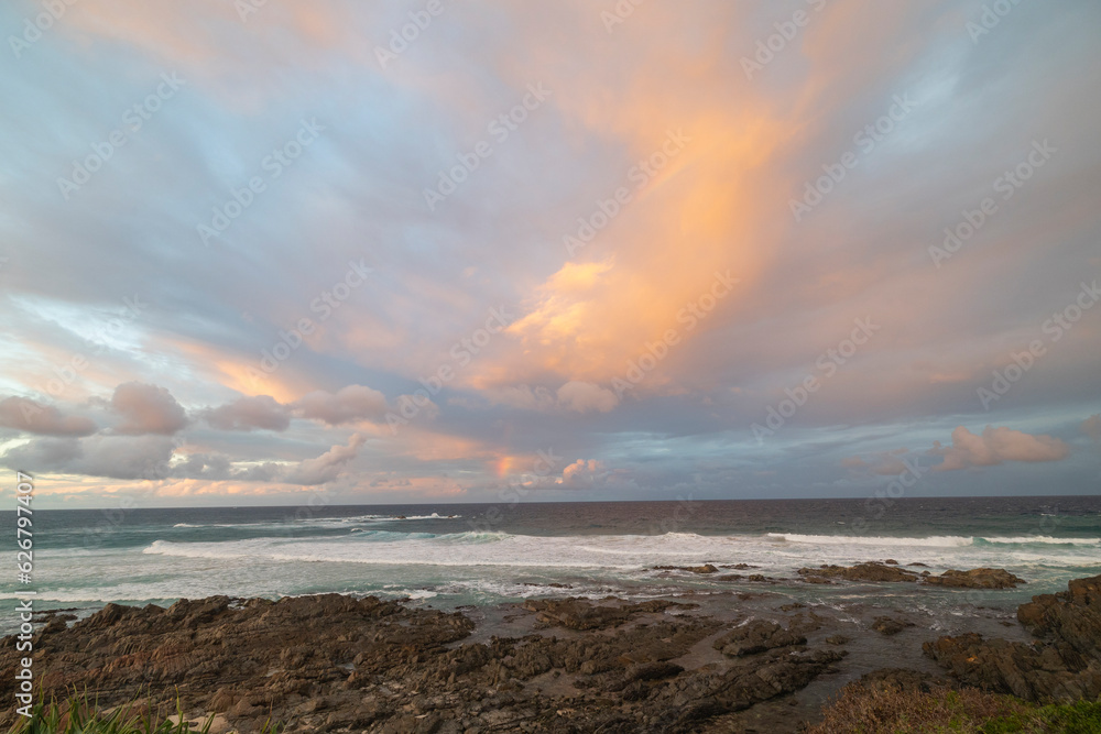 Sunset beach views across the bay area at Hastings Point in New South Wales, Australia