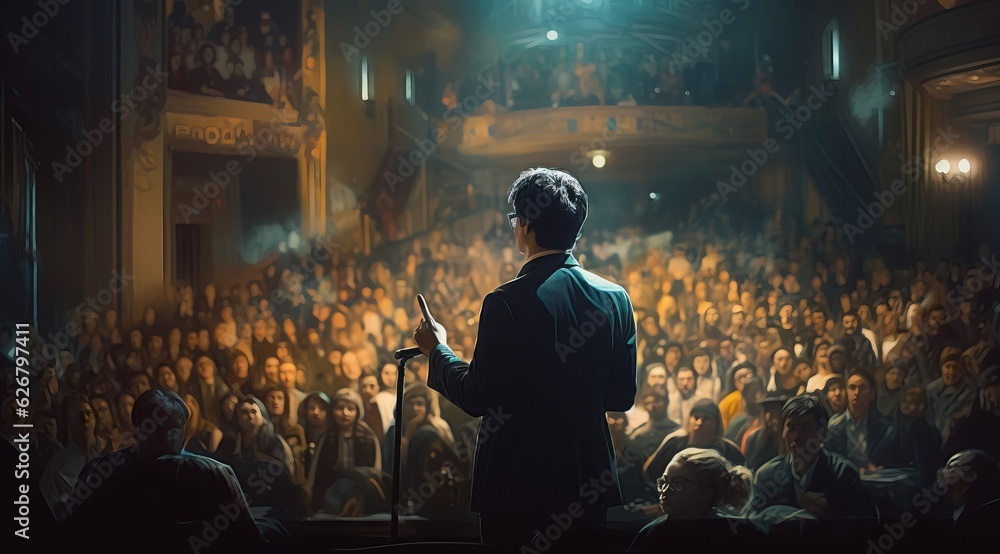 Dynamic Speaker Engaging a Captivated Crowd with Microphone in Hand, Generative AI Dynamic Speaker Engaging a Captivated Crowd with Microphone in Hand, Generative AI