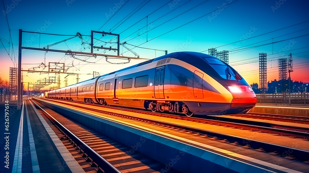 Fototapeta premium elektricity express train to the station in the city, made with Generative AI