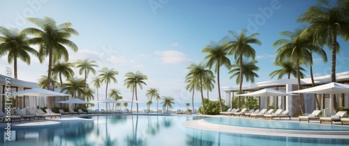 Tropical Paradise Resort with Palm Trees, Umbrellas, and Swimming Pool near the Beach, Relaxation and Luxury Concept, Copy Space, Generative AI © ParinApril