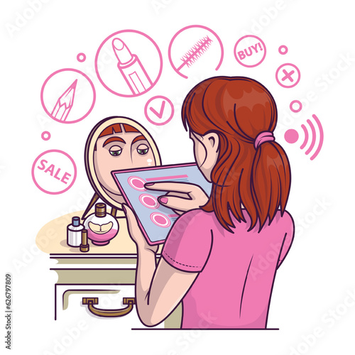 Woman doing make up and select cosmetic products. Online shoppers ordering goods. Concept of products purchase via mobile apps. Modern technology and lifestyle. Flat vector illustration