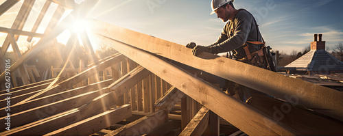 Roof worker or carpenter building a wood structure house construction. photo