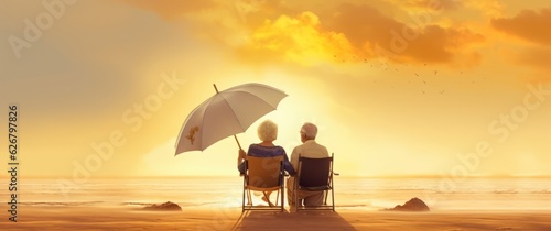 Serene Beach Sunset: Elderly Couple Embracing Under a Colorful Umbrella, Generative AI © ParinApril