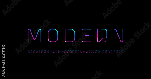 Technical font, digital bright alphabet, trendy modern uppercase Latin letters from A to Z and Arab numbers from 0 to 9, vector illustration 10EPS