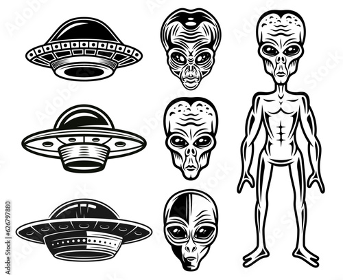 Aliens and ufo set of vector objects or graphic elements in vintage monochrome style isolated on white background