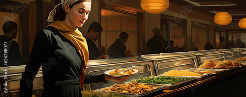 Woman take a food fron buffet line, wide banner, photo