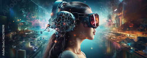 Woman wearing virtual reality headset or glasses. panorama photo photo