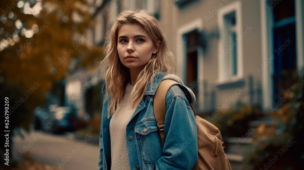 young tourist woman with backpack on the street, generative ai young tourist woman with backpack on the street, generative ai