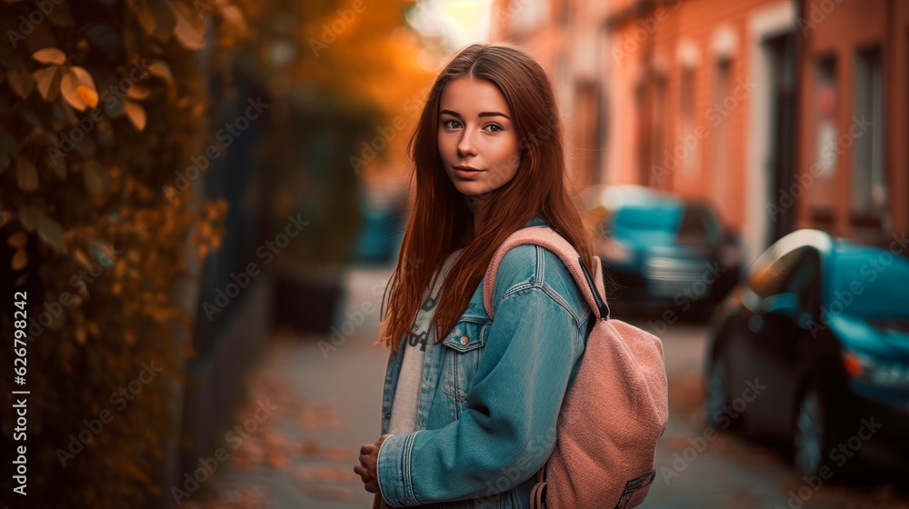 young woman with backpack on the street, generative ai
