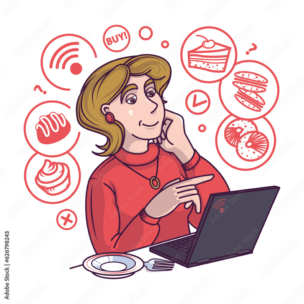 Woman looking at laptop screen and ordering dessert. Online shoppers ordering goods. Concept of products purchase via mobile apps. Modern technology and lifestyle. Flat vector illustration