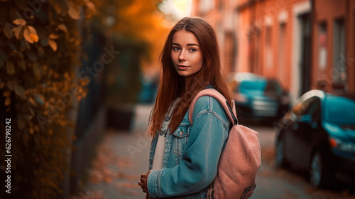 young woman with backpack on the street, generative ai © tetxu