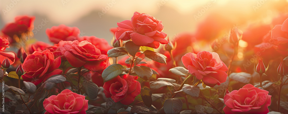Red roses field in sunlight background. panorama photo Red roses field in sunlight background. panorama photo