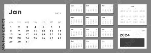 Set of monthly calendar planner page templates for 2024 and cover with Place for Photo and Company Logo. Vector layout of wall or desk minimalist calendar with week start on Monday for print