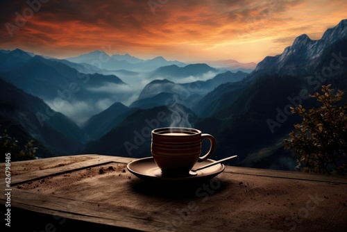 Morning cup of coffee with mountain background. Generative AI