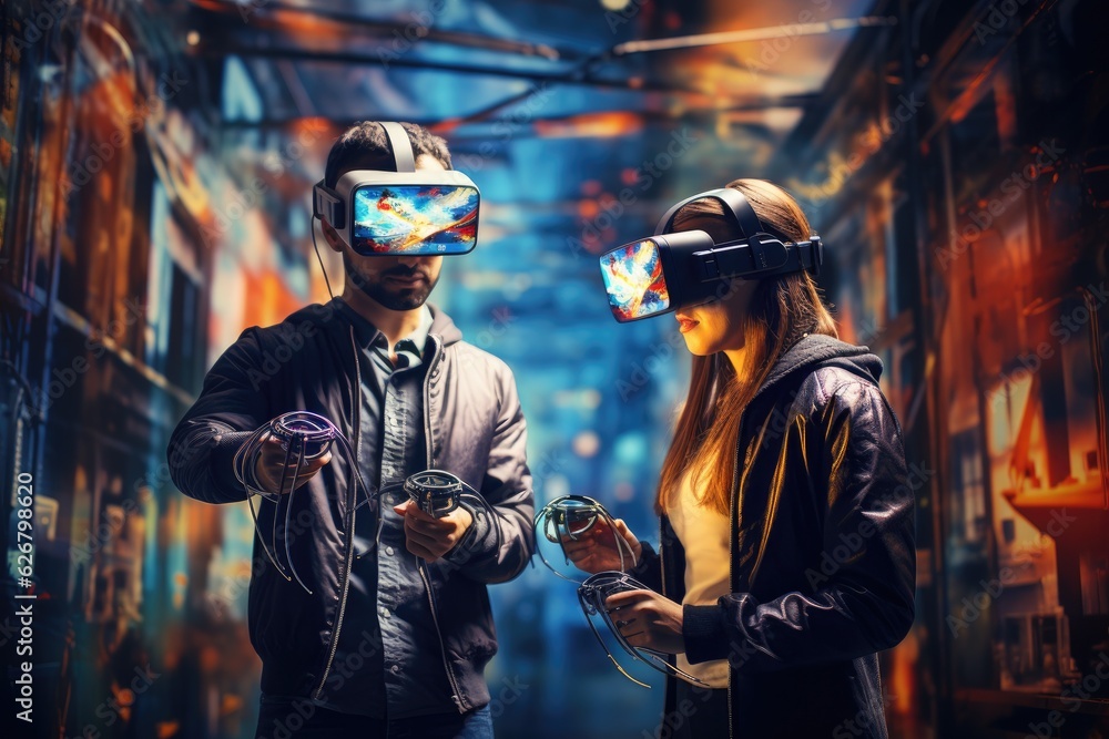 A Man and woman wearing VR headset user, surreal world and virtual reality, colorful flowers fields. Generative AI A Man and woman wearing VR headset user, surreal world and virtual reality, colorful flowers fields. Generative AI